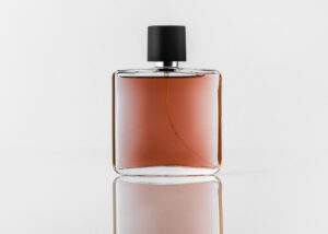 front view fragrance brown designed with black cap white desk
